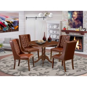 HomeStock 5-Piece Dinette Room Set Includes 1 Round Dining Table and 4 Brown Linen Fabric Dining Chairs with Button Tufted Back - Mahogany Finish - 1 of 4