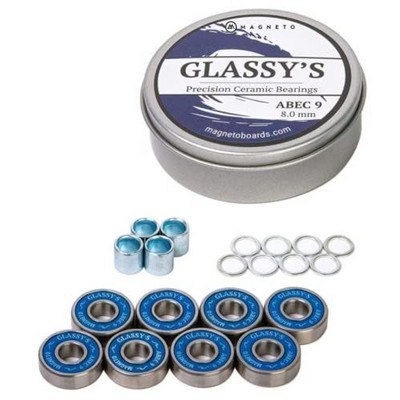 Magneto Ceramic Bearings (8 Pack), ABEC 9 High Speed Skateboard Bearings with Washers, Spacers and a Glassy's Sticker (Silver)