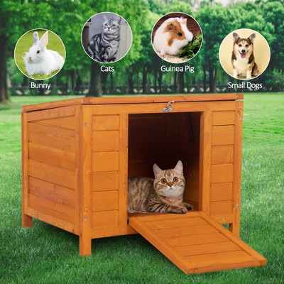 Sevobal Pet Crates and Houses Small Wood Rabbit Hutch Bunny Cage, Raised Cat House with Ladder for Small Animals, Orange, 24"*19.2"*18.6"