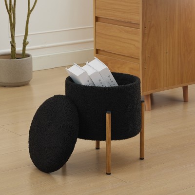 MYINDA Modern Round Storage Ottoman, Metal Base, Removable Lid Storage Ottoman for Living Room, Bedroom, Makeup Room,Black