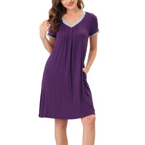 cheibear Women's Soft V-Neck Summer Pajama Lounge Dress with Pockets Nightgowns - 1 of 4