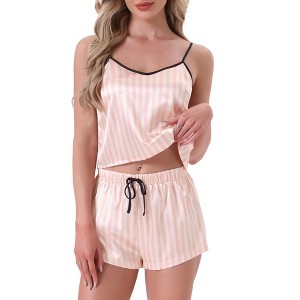 cheibear Women's Silky Satin Sleepwear Nightwear Cami Tops with Shorts Loungewear Pajamas Set - 1 of 4