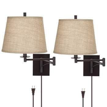 Franklin Iron Works Brinly Farmhouse Rustic Swing Arm Wall Lamps Set of 2 Matte Brown Metal Plug-in Light Fixture Burlap Shade for Bedroom Living Room