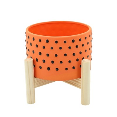 Sagebrook Home 4" Dotted Ceramic Planter with Wood Stand Orange