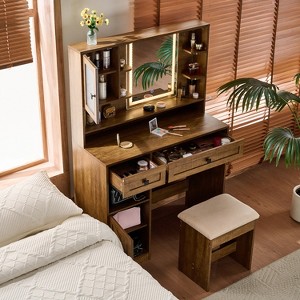 Farmhouse Makeup Vanity Desk with Mirror and Lights,Dressing Table Set with Charging Station and Stool,Drawers,Shelves and Side Cabinet - 1 of 4