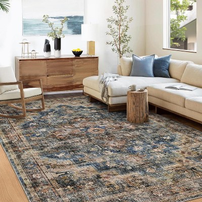 Acekool 8x10 Vintage Medallion Area Rug, Machine Washable Distressed Blue/Brown Non-Slip Stain Resistant Carpet for Living Room, Bedroom