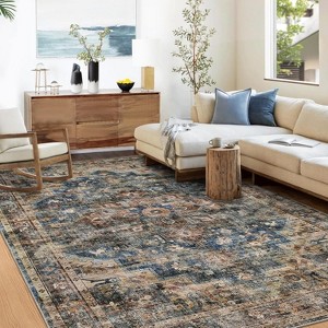 Acekool 8x10 Vintage Medallion Area Rug, Machine Washable Distressed Blue/Brown Non-Slip Stain Resistant Carpet for Living Room, Bedroom - 1 of 4