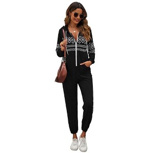 Womens Loose Fit Jumpsuit Nordic Print Hooded Jumpsuit wtih Front Zipper Elastic Ankle Jogger Jumpsuits - 1 of 4