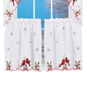 Collections Etc Embroidered Winter Cardinals Window Curtain Panels Collection, Red, Green and White Christmas Accents