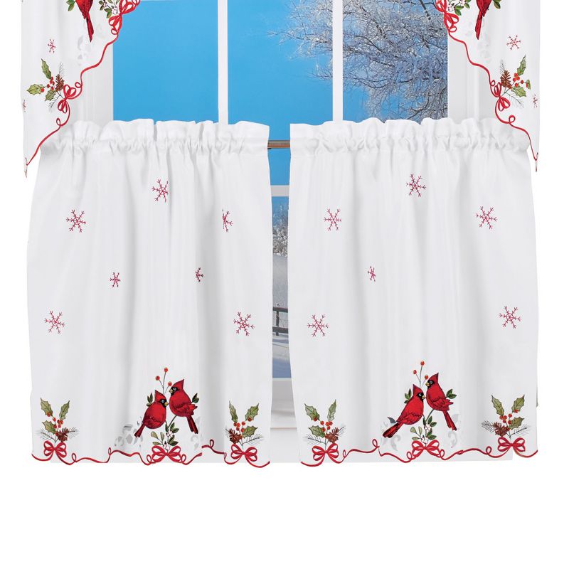Collections Etc Embroidered Winter Cardinals Window Curtain Panels Collection, Red, Green and White Christmas Accents, 1 of 3