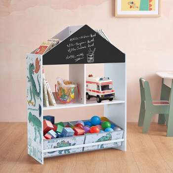 LuxenHome Kids Multi-Functional Dinosaur House Bookcase Toy Storage Bin Floor Cabinet with Blackboard Multicolored
