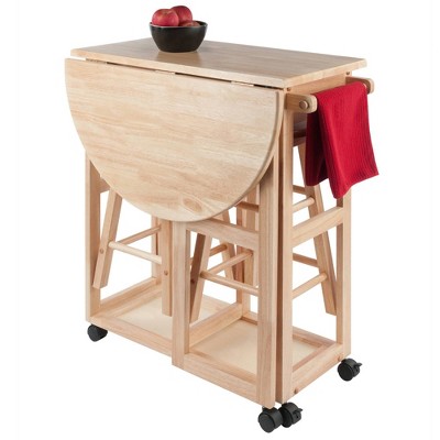 Light Wood Folding Table with 2 Stools and Wheels