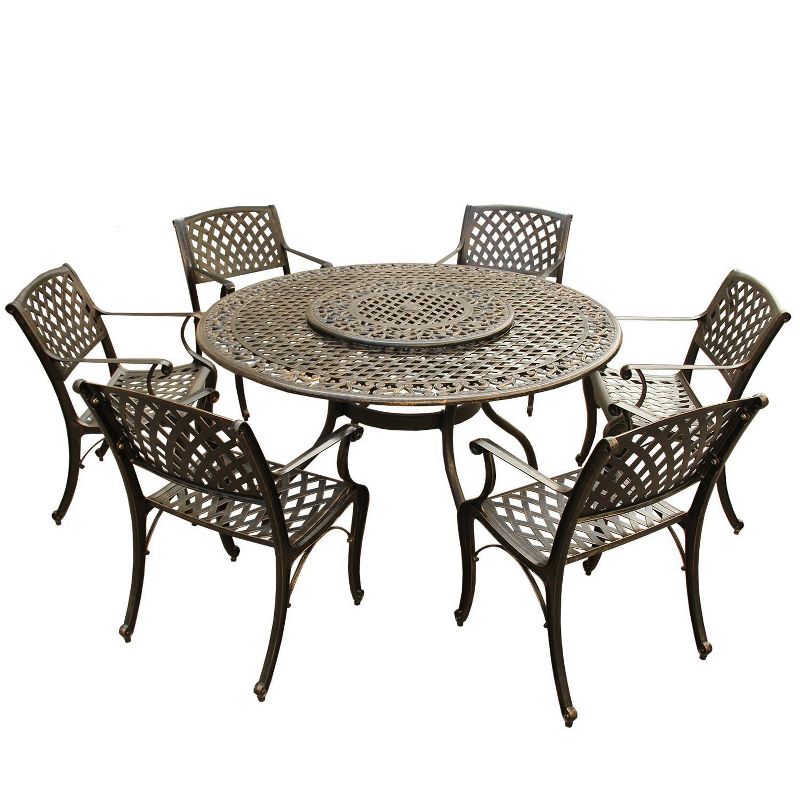 7pc Outdoor Dining Set with Ornate Traditional &#38; Modern Contemporary Mesh Lattice Aluminum 59&#34; Round Table - Bronze - Oakland Living, 1 of 8