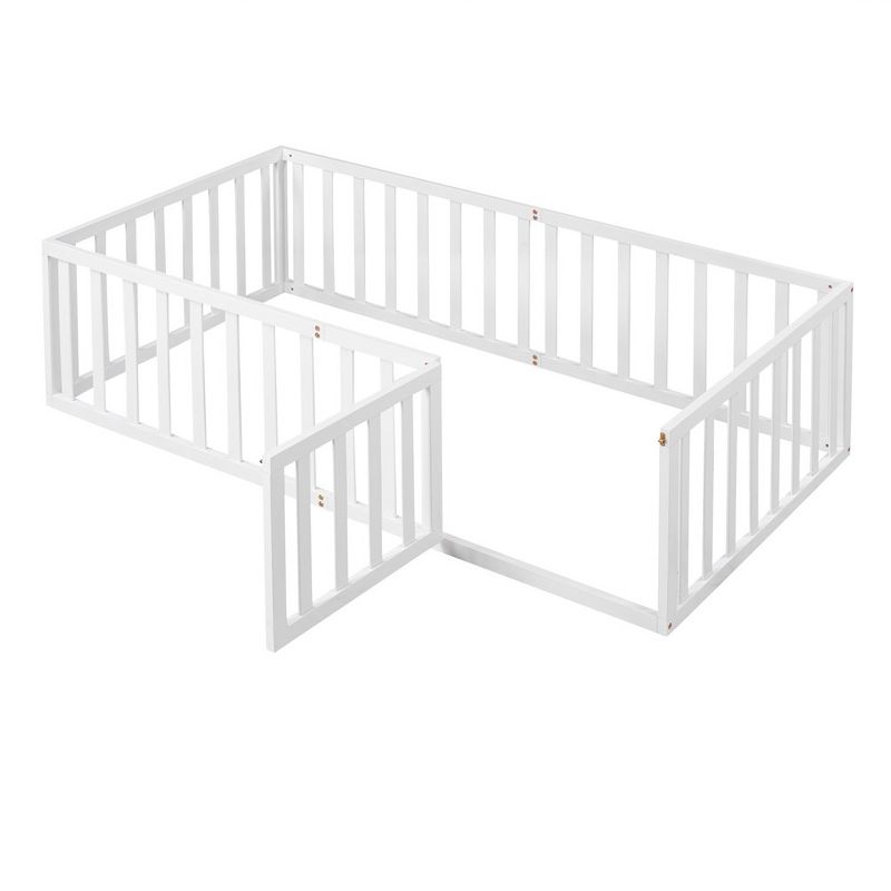 Twin Size Wood Floor Bed Frame With Full-Length Guardrail And Door, Versatile Open-Row Design Baby Play House, No Mattress, 4 of 9