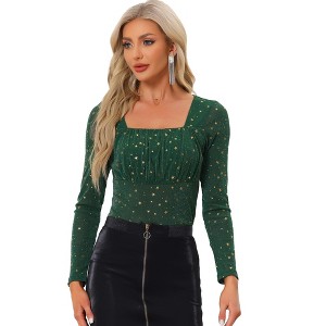 Allegra K Women's Ruched Metallic Square Neck Sheer Glitter Mesh Star Top - 1 of 4