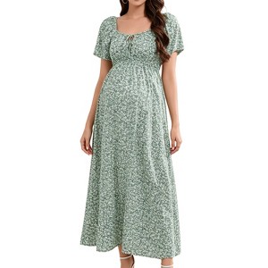short sleeve maternity dress Women Maternity Square Neck Short Sleeve Maxi Dress Tie Front Floral Print Pregnancy Dress With Side Pockets Green Floral S