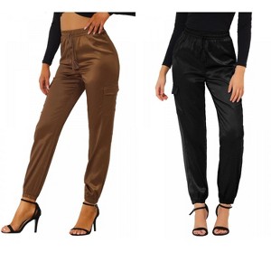 Allegra K Women's Drawstring Elastic High Waist Cargo Pocket Silky Satin Pants 2 Packs - 1 of 4