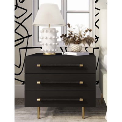 Trident Black Acacia Wood 3-Drawer Nightstand with Brass Accents