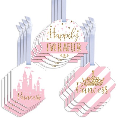 Big Dot of Happiness Little Princess Crown - Assorted Hanging Pink and Gold Baby Shower or Birthday Party Favor Tags - Gift Tag Toppers - Set of 12