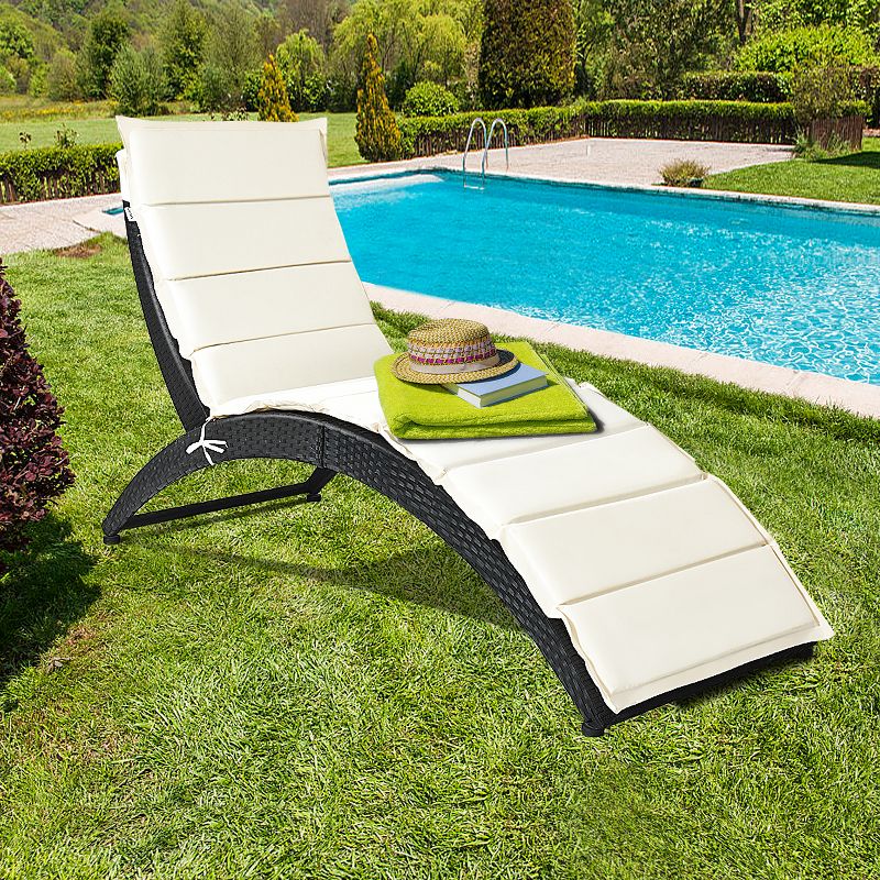 Costway Folding Patio Rattan Lounge Chair Chaise Cushioned Portable Garden Lawn Black, 4 of 8