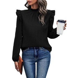 Women's Ruffle Long Sleeve Sweaters Mock Neck Lightweight Sweater Fall Trendy Pullover Tops Dressy Casual Blouse - 1 of 4