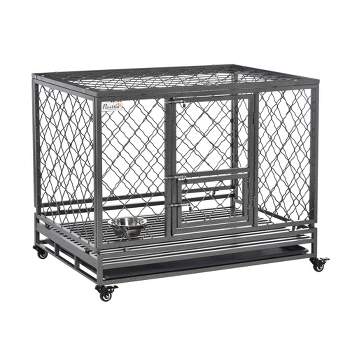Pawhut 36 Heavy Duty Dog Crate Metal Cage Kennel With Lockable Wheels, Double  Door And Removable Tray, Gray : Target