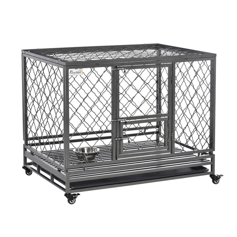PawHut 42.5" Heavy Duty Dog Crate Metal Kennel and Cage Dog Playpen with Lockable Wheels, Slide-out Tray, Food Bowl and Double Doors, 1 of 8