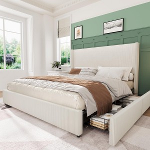 Queen Size Upholstered Platform Bed Frame with Storage Drawers, Corduroy Wingback with Tufted Headboard and Footboard - 1 of 4