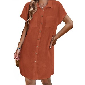 Womens Summer Casual Button Down Short Sleeve Shirt Dress V Neck Linen Loose Tunic Mini Dresses - 1 of 3