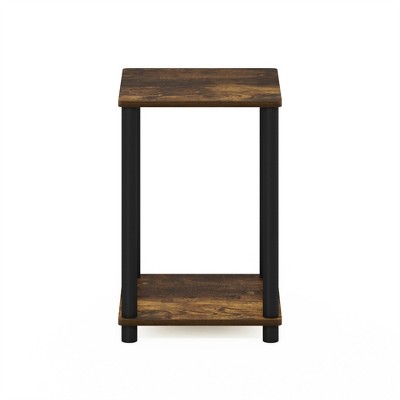 Compact Amber Pine & Black Square End Table with Shelf
