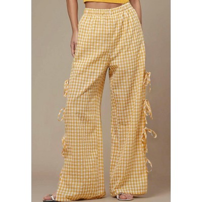 Women Everyday Checked Elastic Waist Side Strape Bowtie Casual Loungewear Pants IRIS FASHION