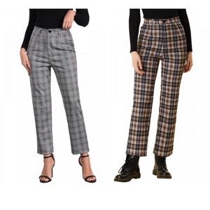 INSPIRE CHIC Women's Plaid Tartan High Waisted Button Casual Pants 2 Packs - 1 of 4