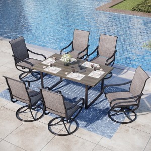 Captiva Designs 7pc U-shaped Leg Wood-look Metal Rectangle Table with Umbrella Hole & Textilene Swivel Chairs - 1 of 4