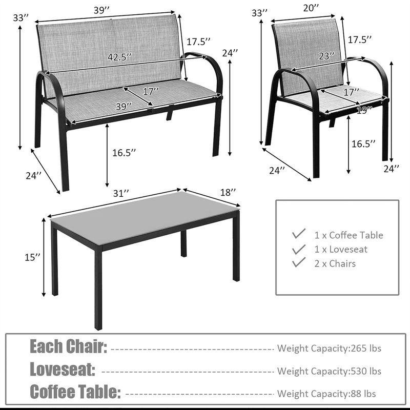Costway 4 PCS Patio Furniture Set Sofa Coffee Table Steel Frame Garden Deck Gray, 2 of 9