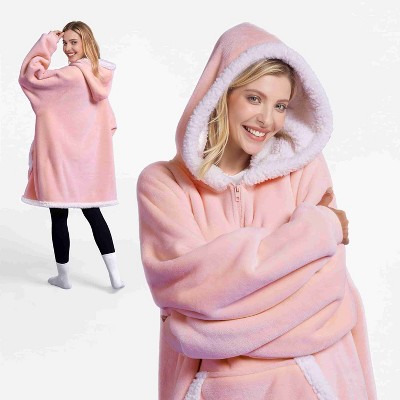 Joyfy Adults Wearable Blanket Hoodie for Women Men Giant Pocket Sleeves FlaWarm Oversized Fleece Winter Sweatshirt Blanket Birthday Gift Pink