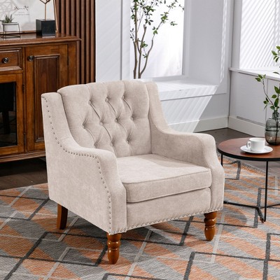 TOAOTBNBO Wooden Accent Chair with High Back, Breathable Fabric Armchair with Soft Padded Seat Mid-Century Single Sofa Chair for Office