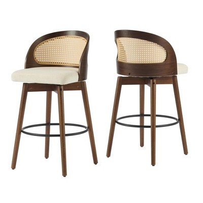 Set of 2 Counter Stools, Walnut Wood Counter Stools with Rattan Backrest for Dining or Kitchen, Upholstered Counter Stools for Home Bar-Koiai