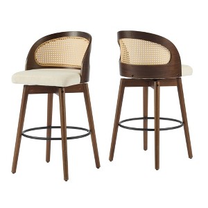 Set of 2 Counter Stools, Walnut Wood Counter Stools with Rattan Backrest for Dining or Kitchen, Upholstered Counter Stools for Home Bar-Koiai - 1 of 4