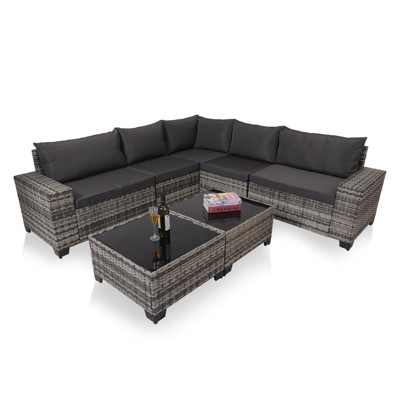 FIONECA Deluxe 7-Piece Patio Furniture Set ¨C Gray Rattan Outdoor Conversation Set with Gray Cushions & 2 Tables