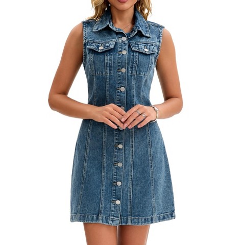 Женские платья INSPIRE CHIC Women's Denim Sleeveless Country Summer Collared Button Down Mini Jean Dresses Grey Blue Small