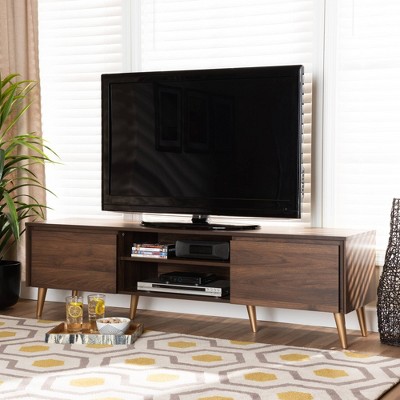 Landen Walnut Brown Wood and Gold Mid-Century TV Stand for 65" TVs