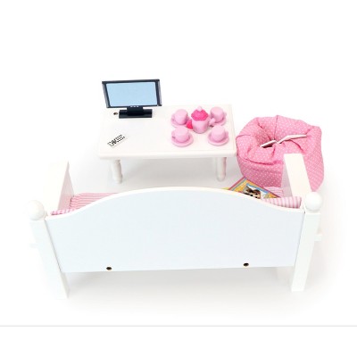 White Wooden Doll Sofa and Coffee Table Set with Pink Cushions