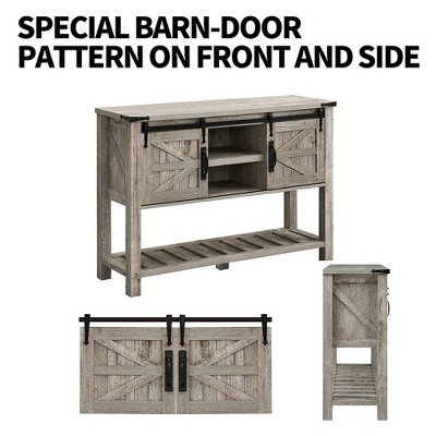 Light Rustic Oak Farmhouse Console Table with Sliding Barn Doors and Storage