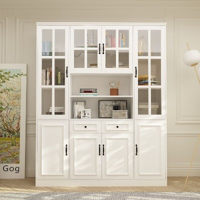Famapy 63"W Large Storage Cabinet Display BookShelf With Glass Doors White