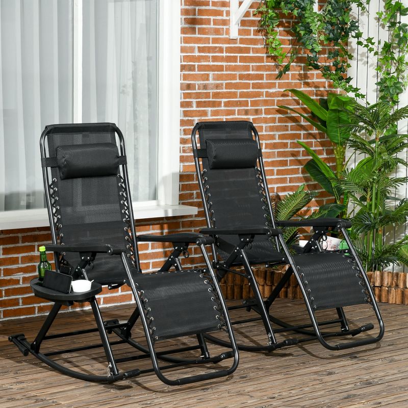 Outsunny 2 Outdoor Rocking Chairs Foldable Reclining Zero Gravity Lounge Rockers w/ Pillow Cup & Phone Holder, Combo Design w/ Folding Legs, Black, 2 of 7