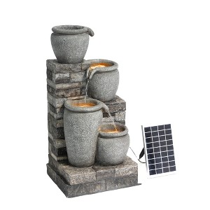 Teamson Home 30.7" 4-Tier Outdoor Metal and Polyresin Solar Birdbath Water Fountain with LED Lights and Pump Gray - 1 of 4