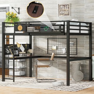 Racxily Queen Size Loft Bed Frame with desk, storage basket,Metal Loft Bed with clock,and charging port,black - 1 of 4