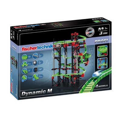 Fischertechnik Dynamic M Marble Run Set with 4 Track Builds and New Rotary and Sound Features, Variety of Pieces in Black, Red, and Green, 550 Parts