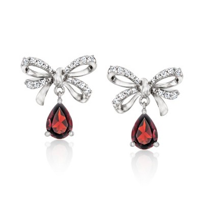 Ross-Simons 1.60 ct. t.w. Garnet and .20 ct. t.w. White Topaz Bow Drop Earrings in Sterling Silver