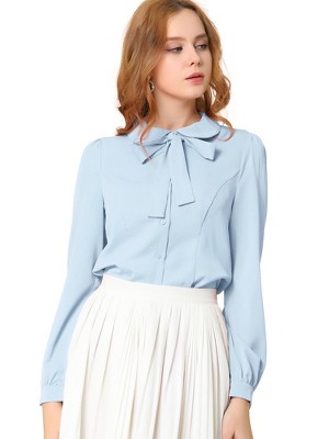 INSPIRE CHIC Women's Peter Pan Collar Bow Tie Neck Puff Long Sleeve Workwear Button Blouses